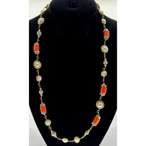J.CREW Jewelry - J Crew Necklace Orange Beads & Faux Pearl Rhinestone Brass Chain Preppy